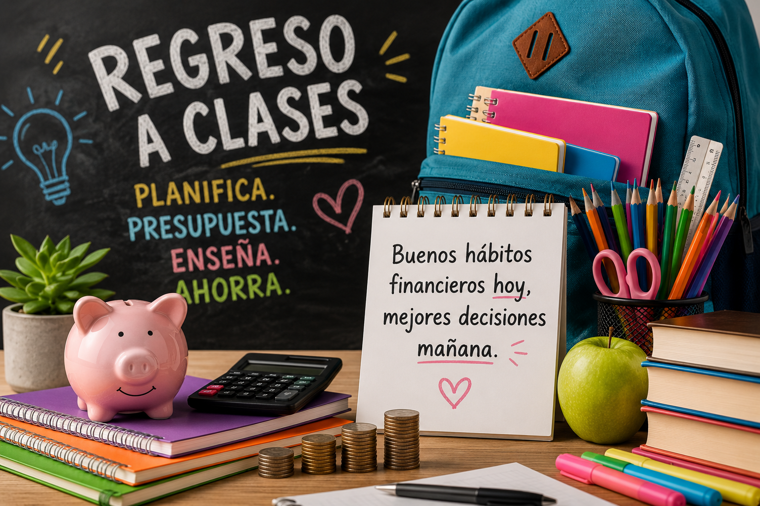 Mochila, útiles escolares, calculadora y cuadernos que representan la planificación financiera y el presupuesto familiar para el regreso a clases.
