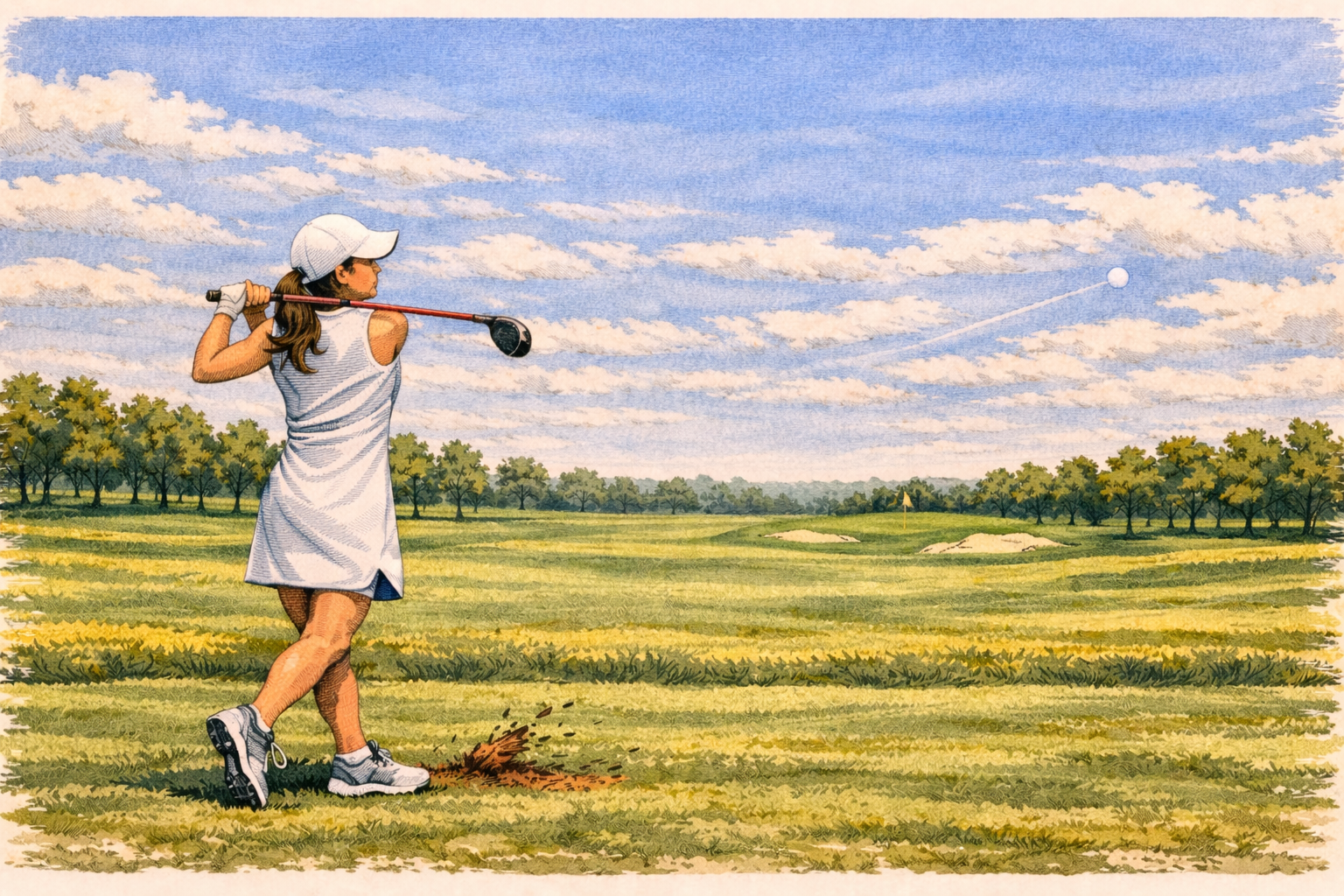 Female golfer finishing a tee shot while watching the ball fly down the center of the fairway toward the green on a sunny golf course.