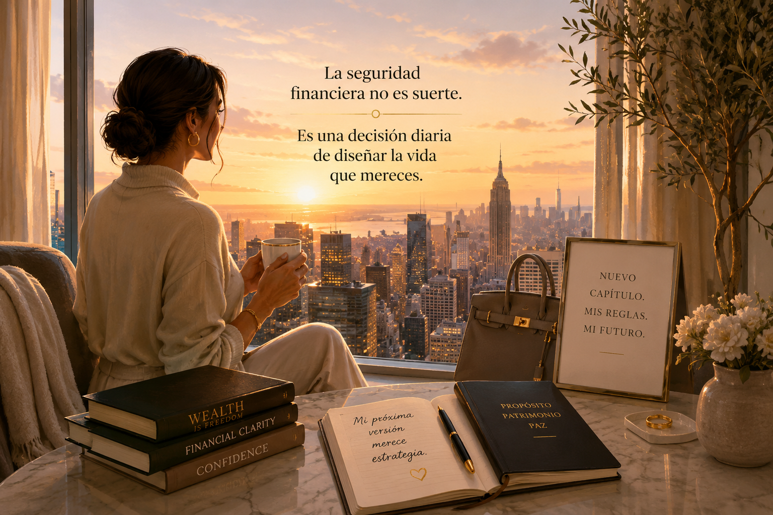 Mujer elegante observando el amanecer desde un apartamento de lujo mientras reflexiona sobre seguridad financiera, tranquilidad y patrimonio en tiempos de incertidumbre económica.