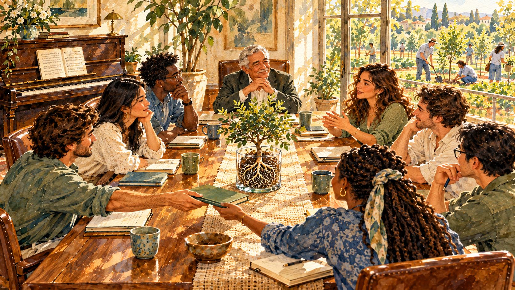 Watercolor illustration of a family boardroom table with empty chairs, a piano in the corner, and young adults gathered around an older mentor.