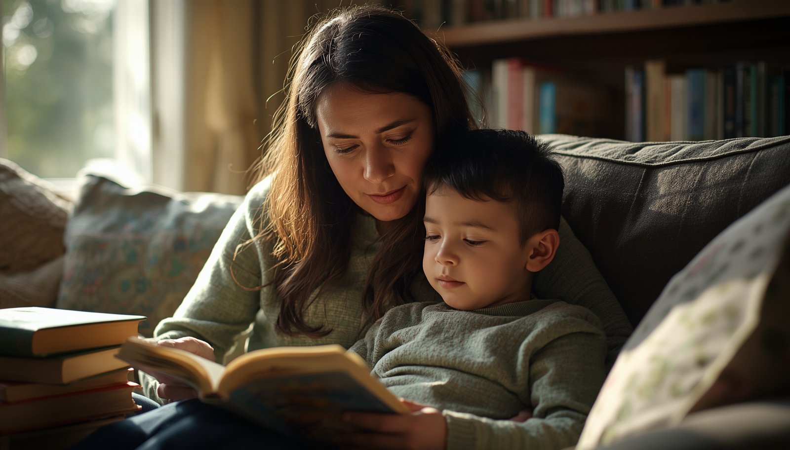 Una abuela y su nieto pequeño sonríen junto a una alcancía y fotos familiares, evocando la idea de invertir temprano en el futuro de un niño.