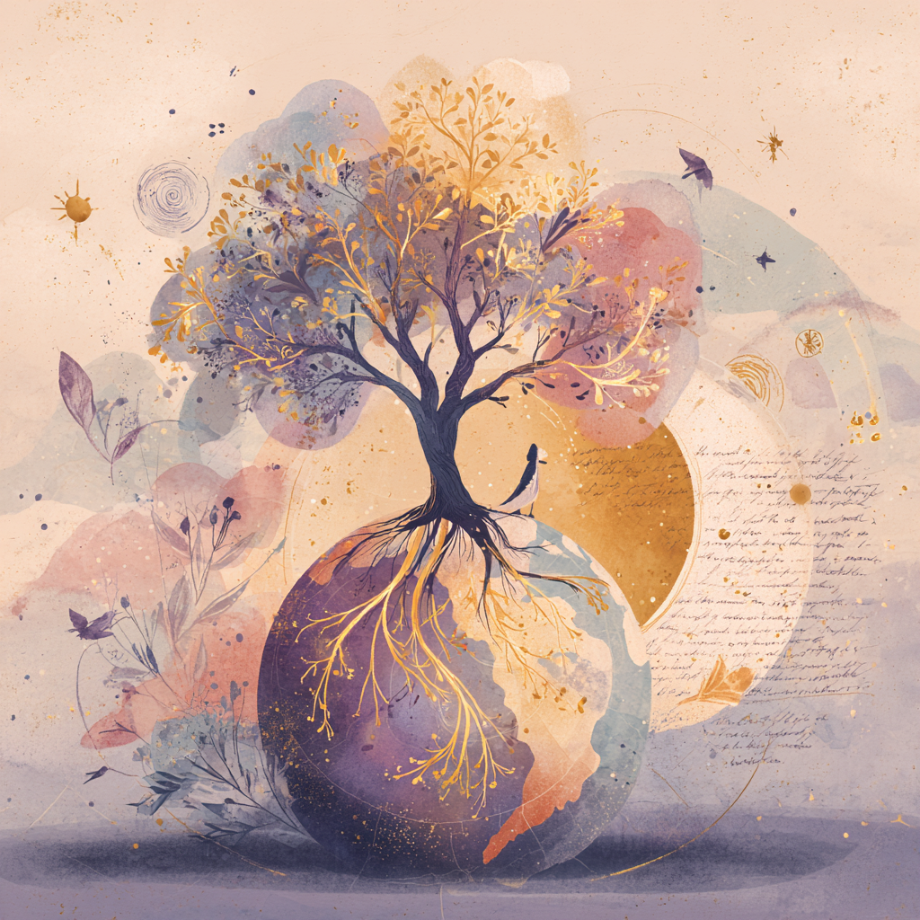 Ilustración simbólica de legado familiar multigeneracional con árbol genealógico y conexiones globales, representando planificación patrimonial internacional.