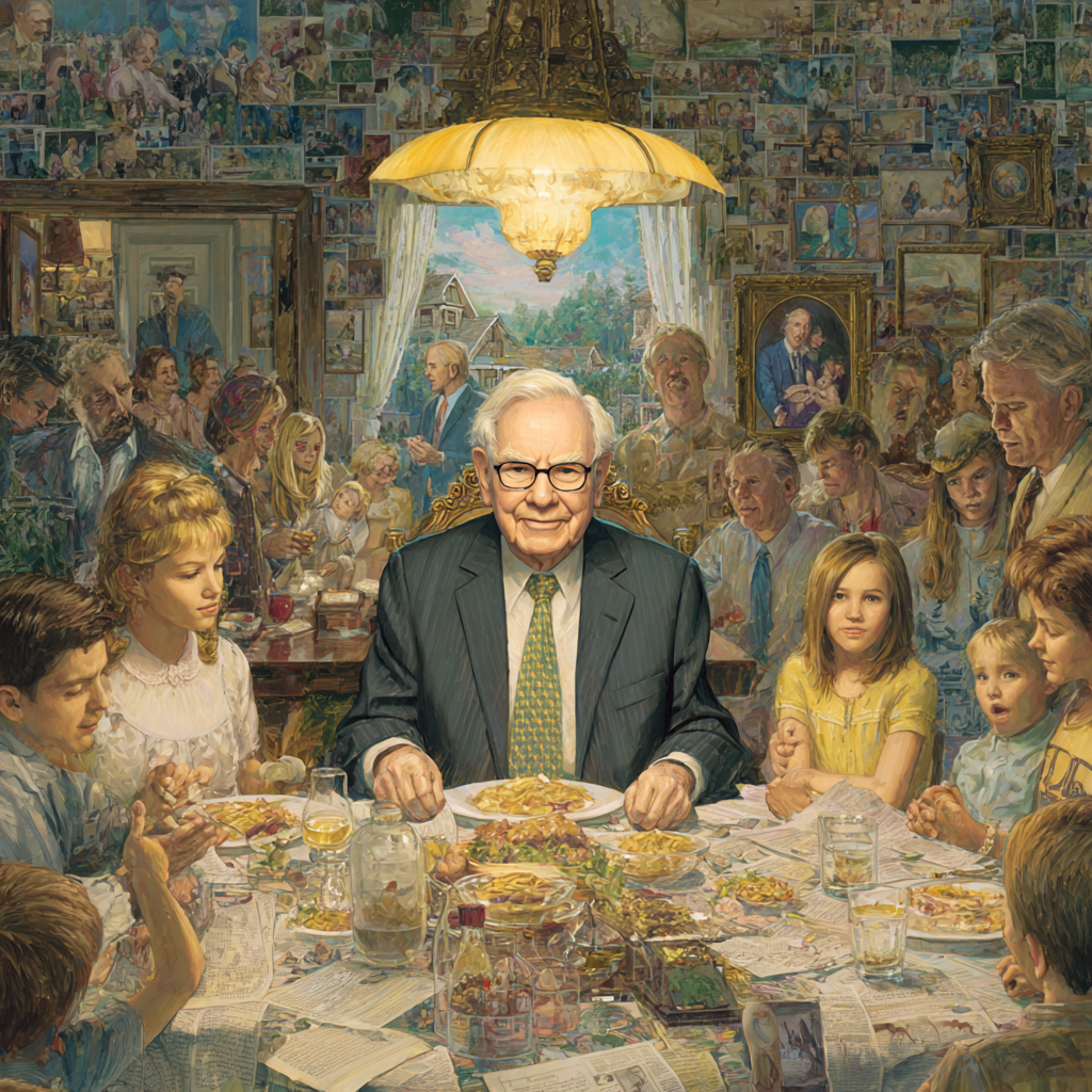 “Ilustración estilo óleo de Warren Buffett en una mesa rodeado de familia, simbolizando legado, sabiduría financiera y conexión multigeneracional.”